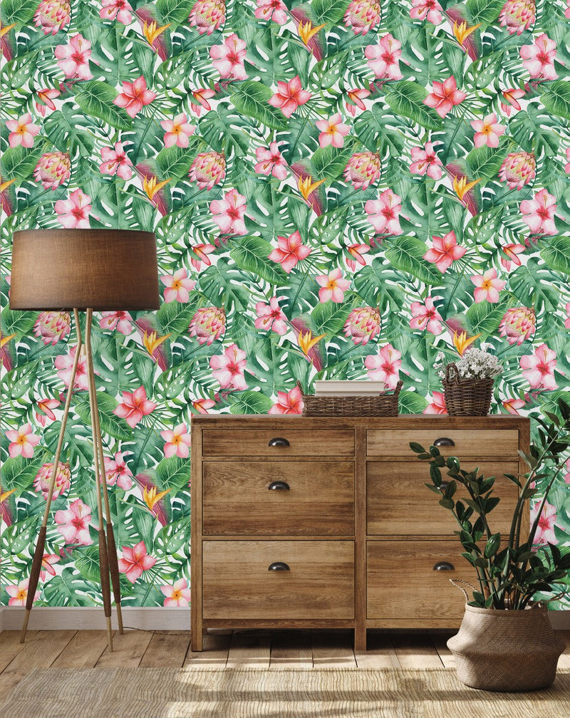 Pink Flowers with Palm Leaves Wallpaper