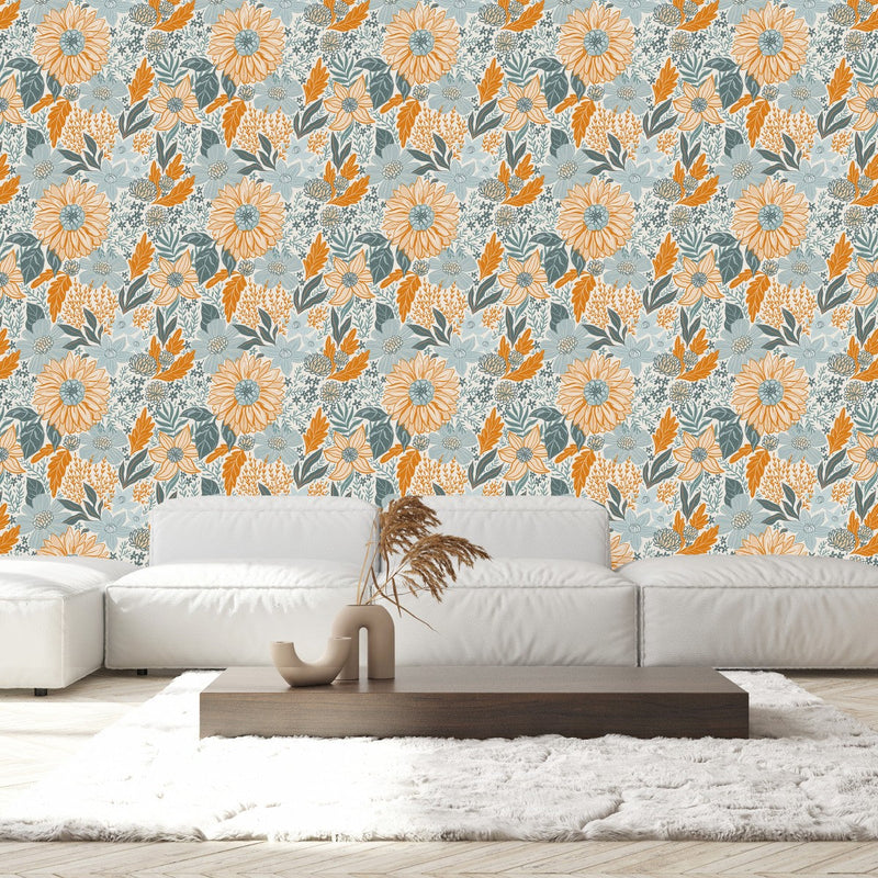 Grey and Orange Floral Wallpaper