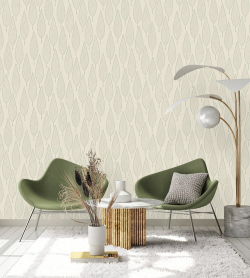 Beige Wallpaper with Leaves Pattern