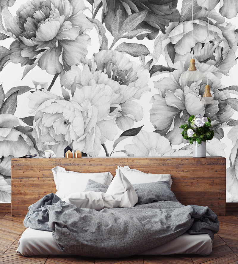 Black and White Peony Wallpaper Mural