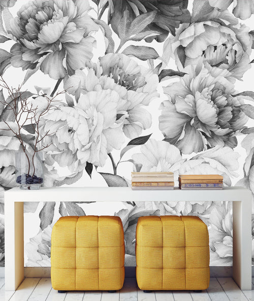 Black and White Peony Wallpaper Mural