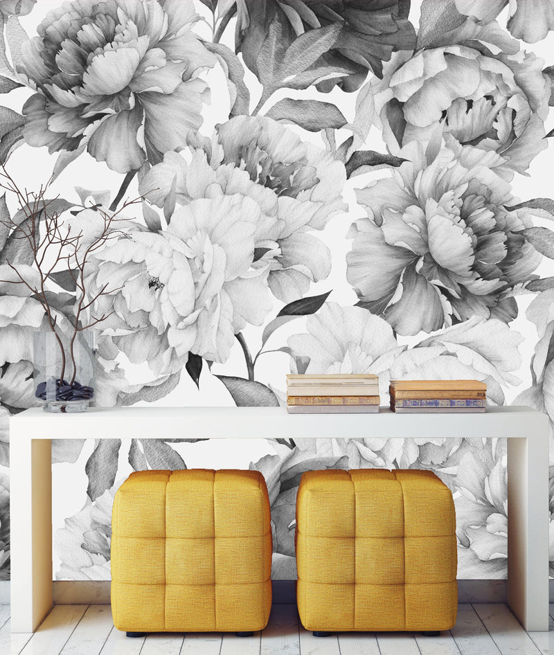 Black and White Peony Wallpaper Mural