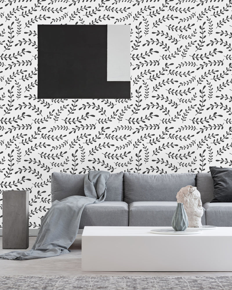 Black Scandinavian Leaves Wallpaper