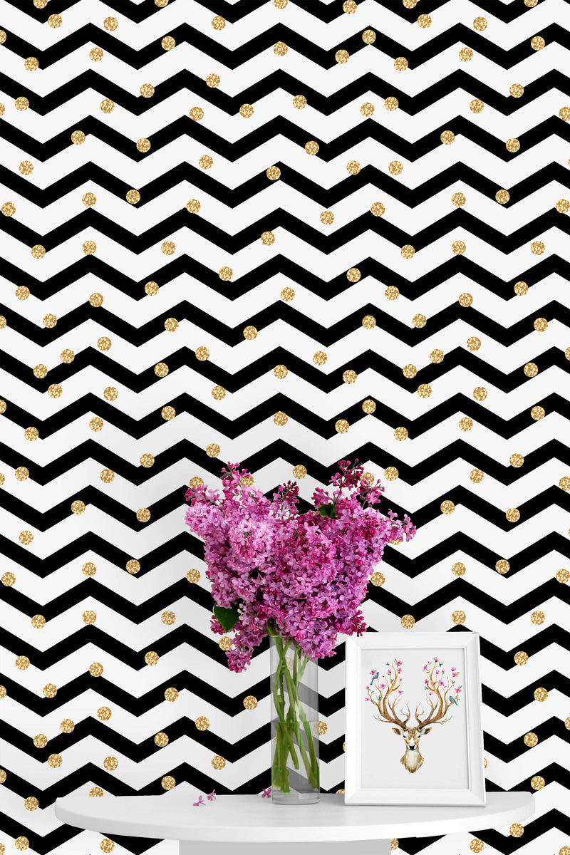 Black Waves and Gold Dots Wallpaper
