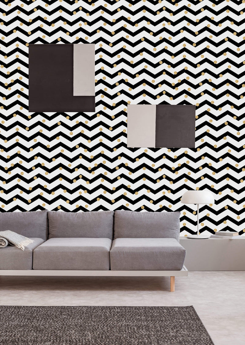Black Waves and Gold Dots Wallpaper