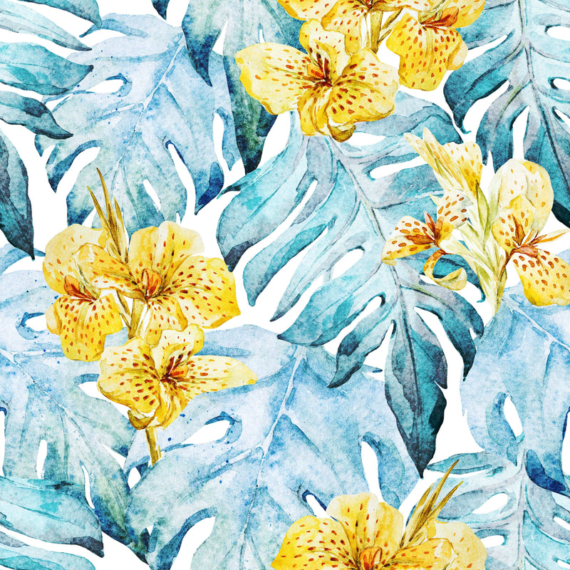 Blue Leaves and Yellow Flowers Wallpaper