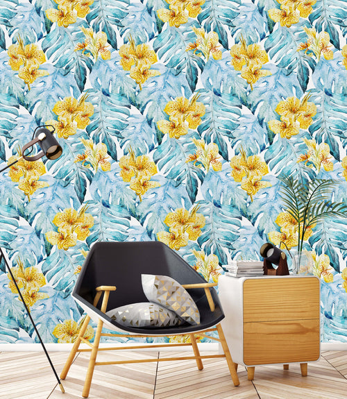 Blue Leaves and Yellow Flowers Wallpaper