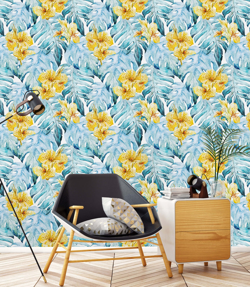 Blue Leaves and Yellow Flowers Wallpaper
