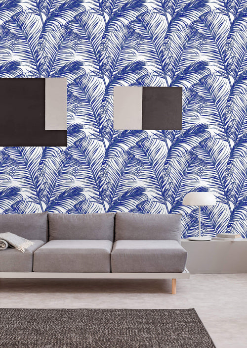 Blue Leaves on White Wallpaper