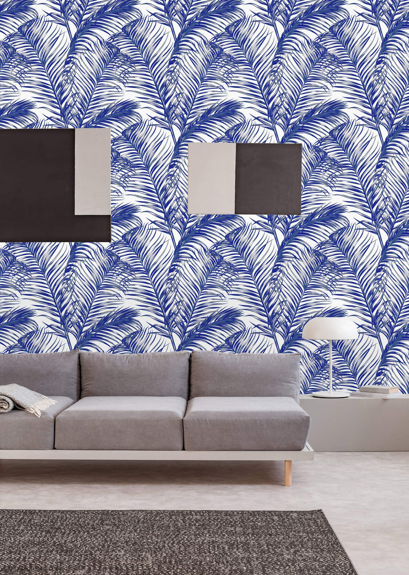 Blue Leaves on White Wallpaper