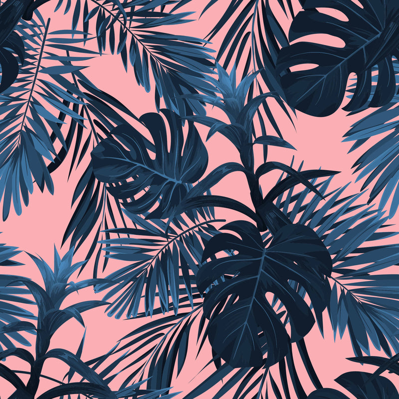 Blue Tropical Leaves on Peach Background Wallpaper