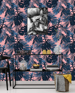 Blue Tropical Leaves on Peach Background Wallpaper