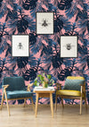 Blue Tropical Leaves on Peach Background Wallpaper