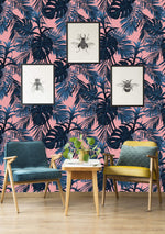 Blue Tropical Leaves on Peach Background Wallpaper