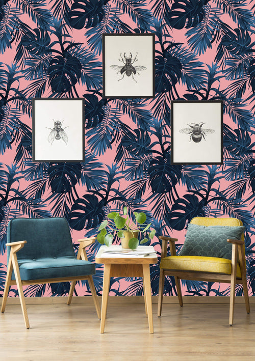 Blue Tropical Leaves on Peach Background Wallpaper