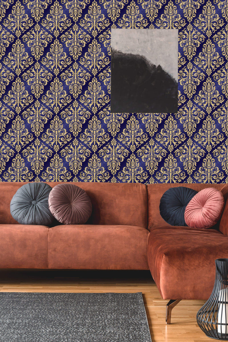 Blue Vintage Damask Wallpaper