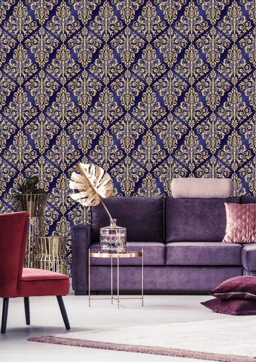 Blue Vintage Damask Wallpaper