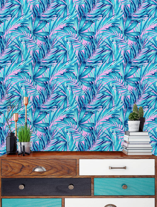 Blue Watercolour Palm Leaves Wallpaper