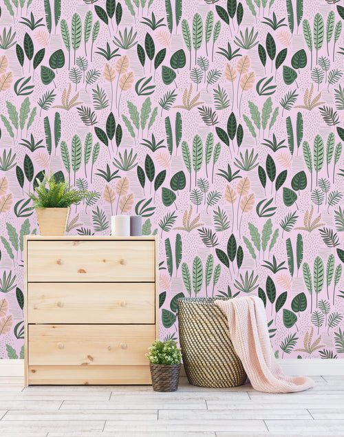 Botanical Mix on Pink Background Wallpaper