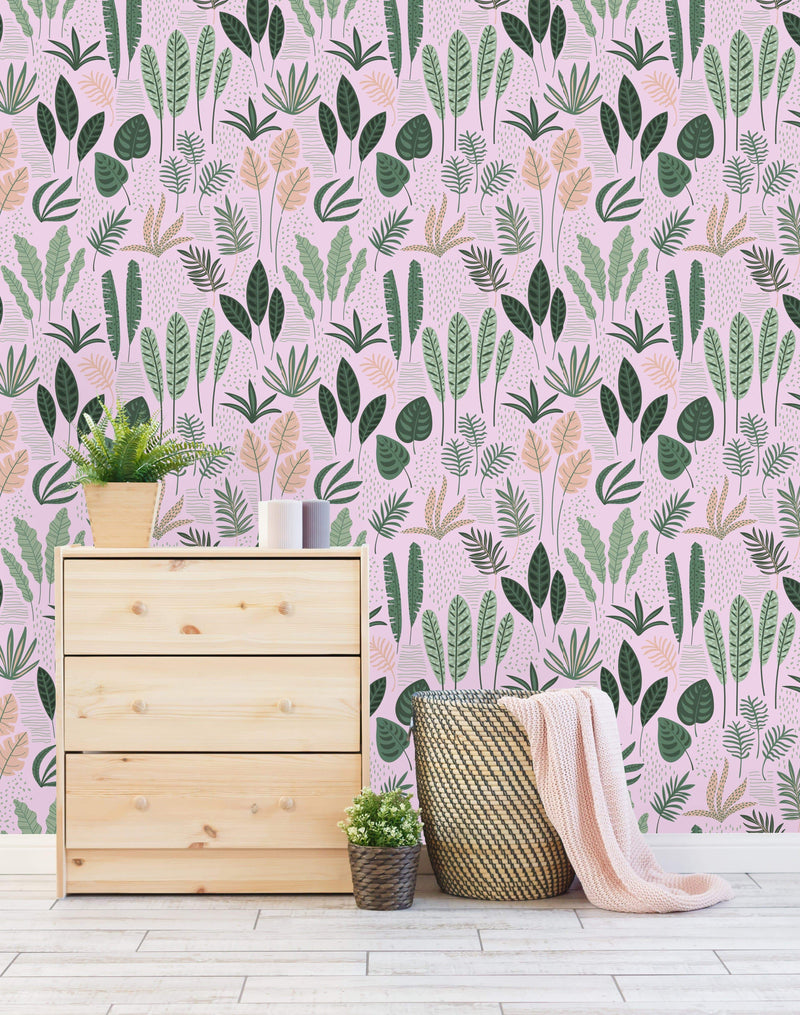 Botanical Mix on Pink Background Wallpaper