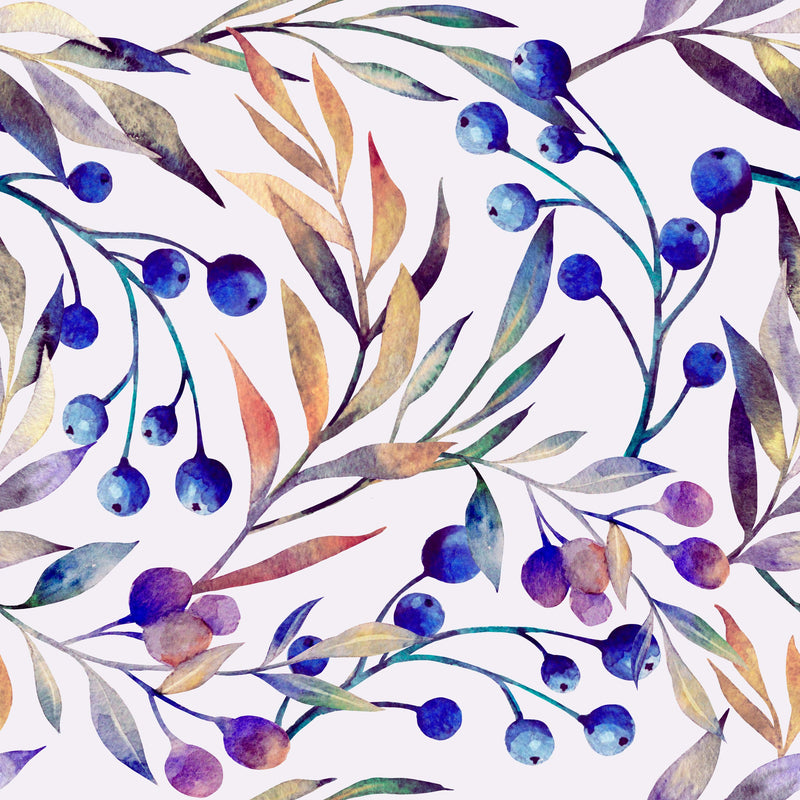 Botanical Pattern with Blue Berries Wallpaper
