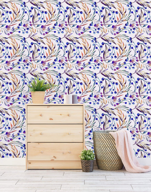 Botanical Pattern with Blue Berries Wallpaper