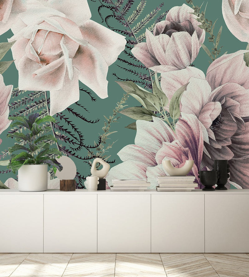 Contemporary Modern Green Wallpaper with Flowers