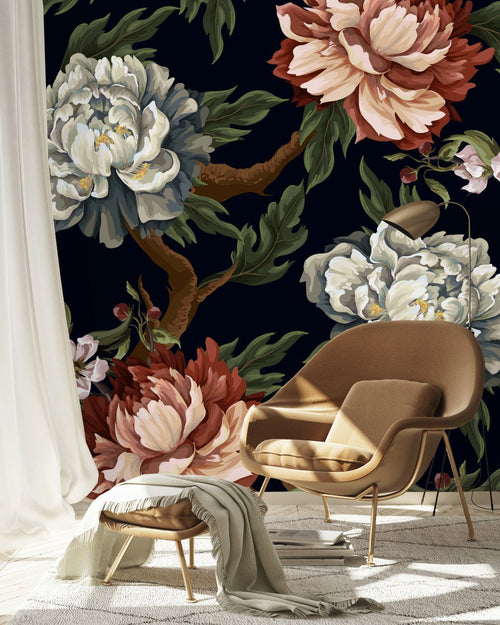 Peonies on Dark Background Wallpaper