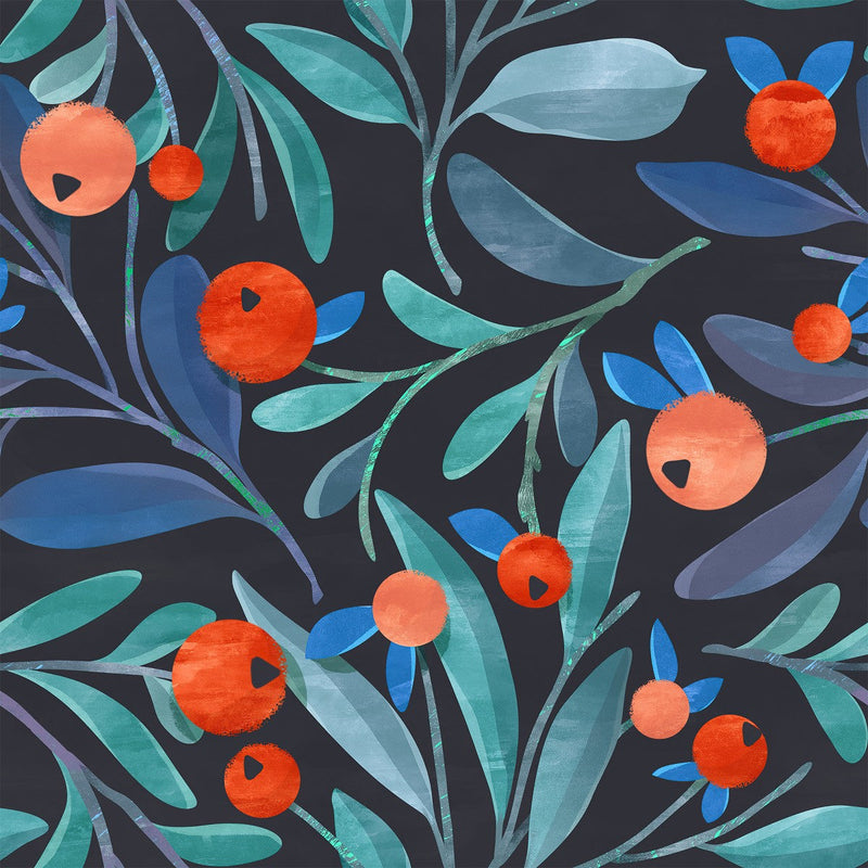 Blue Leaves with Berries Wallpaper