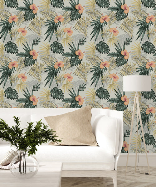 Exotic Leaves and Flowers on Grey Background Wallpaper