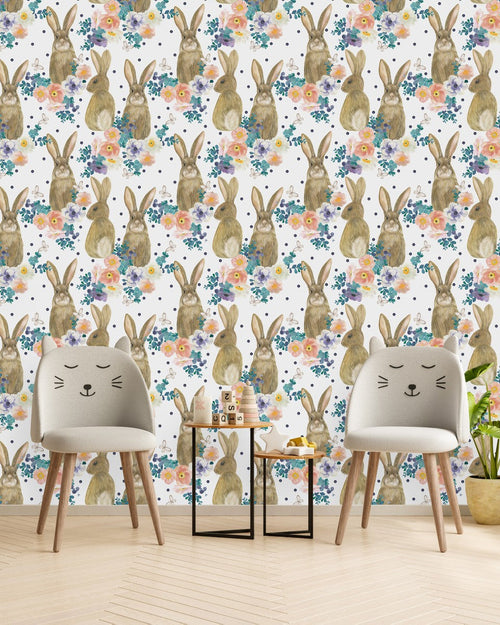 Floral Wallpaper with Hares