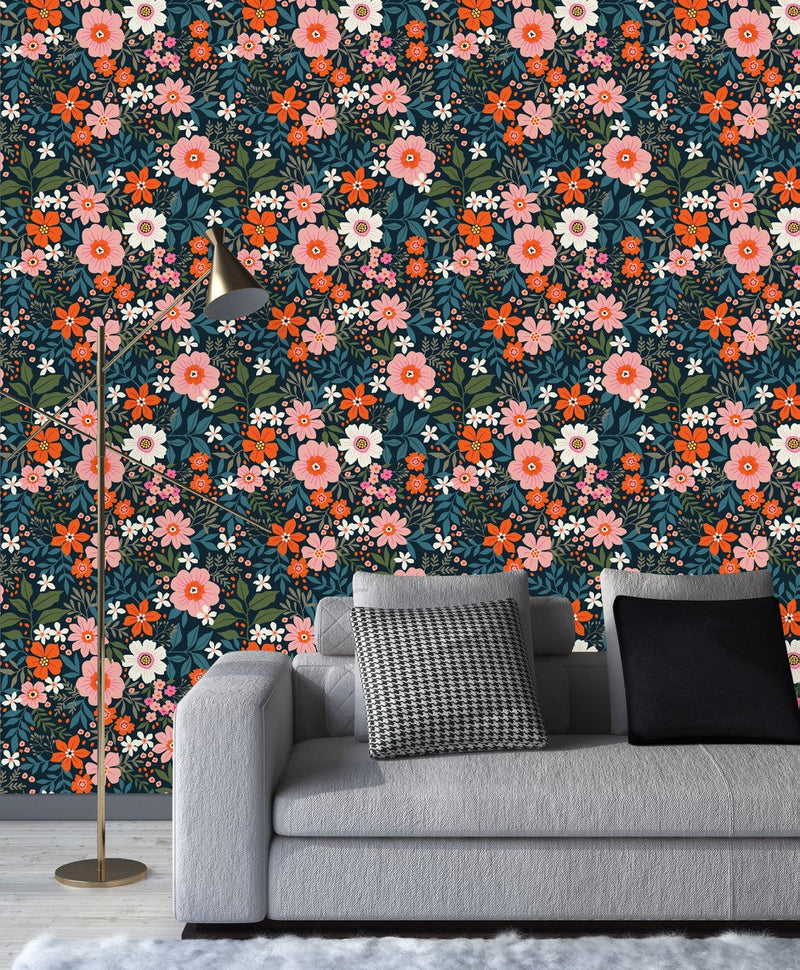 Contemporary Dark Wallpaper with Flowers Tasteful