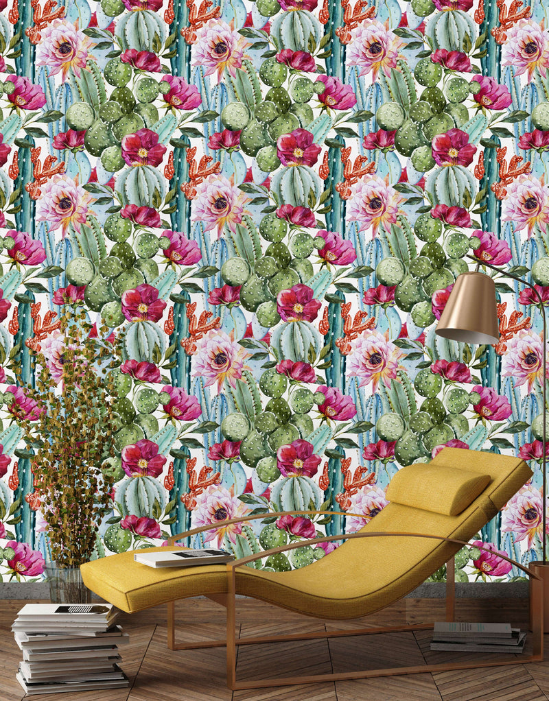Cactus with Poppy Flowers Wallpaper