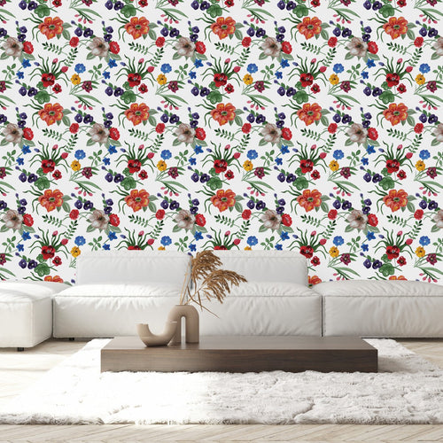 White Wallpaper with Multicolored Flowers