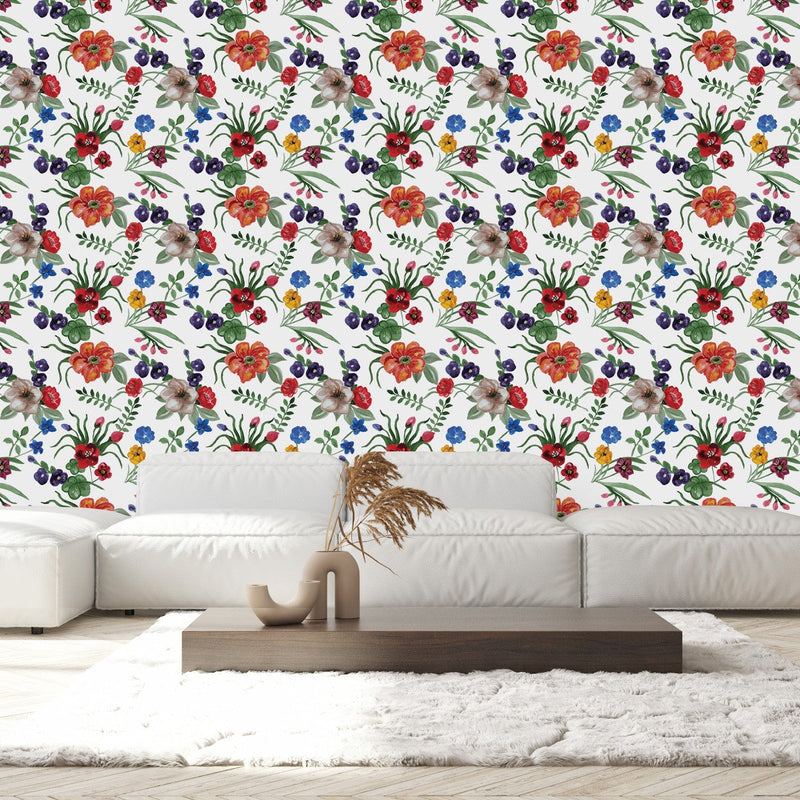 White Wallpaper with Multicolored Flowers
