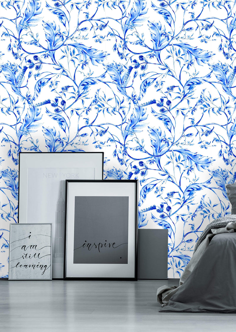 Cobalt Floral Pattern Wallpaper