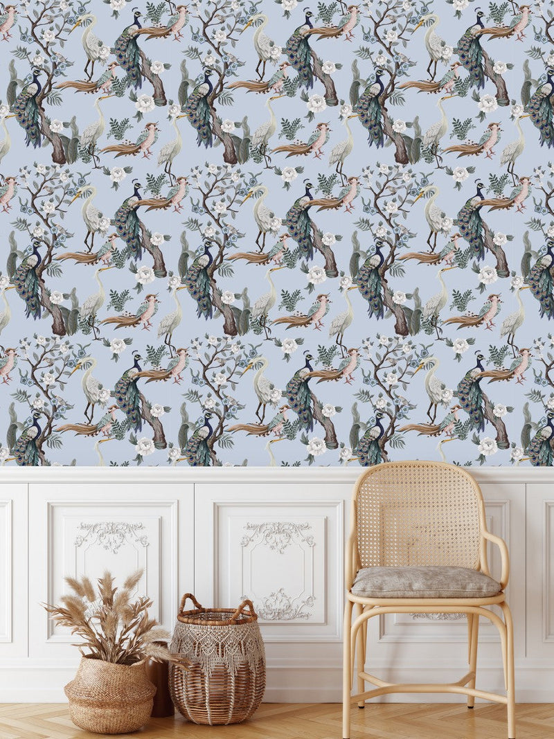 Contemporary Blue Peacocks Wallpaper Tasteful