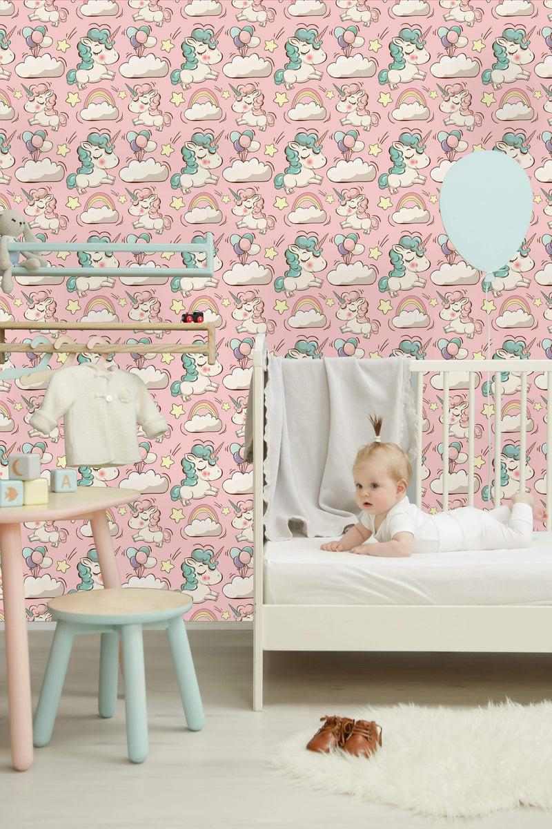 Cute Unicorns, Clouds, Rainbows, and Stars Wallpaper