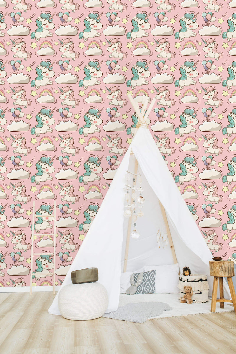 Cute Unicorns, Clouds, Rainbows, and Stars Wallpaper