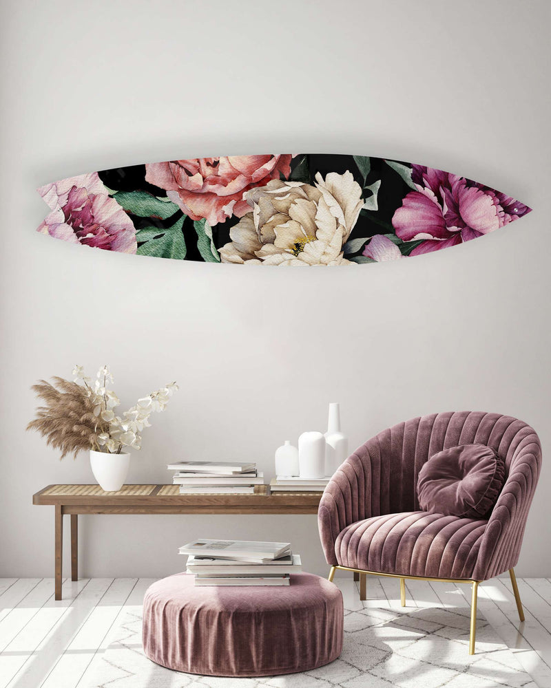 Vintage Dark Peony Mural Printed Acrylic Surfboard Wall Art