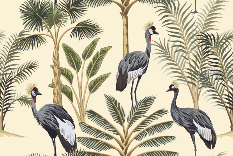 Beige Wallpaper with Birds Pattern