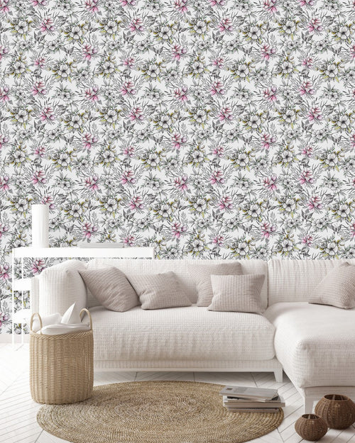 White Wallpaper with Flowers and Butterflies