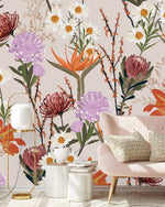 Pink Wallpaper with Exotic Flowers