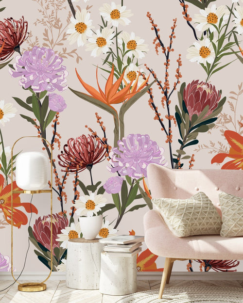 Pink Wallpaper with Exotic Flowers
