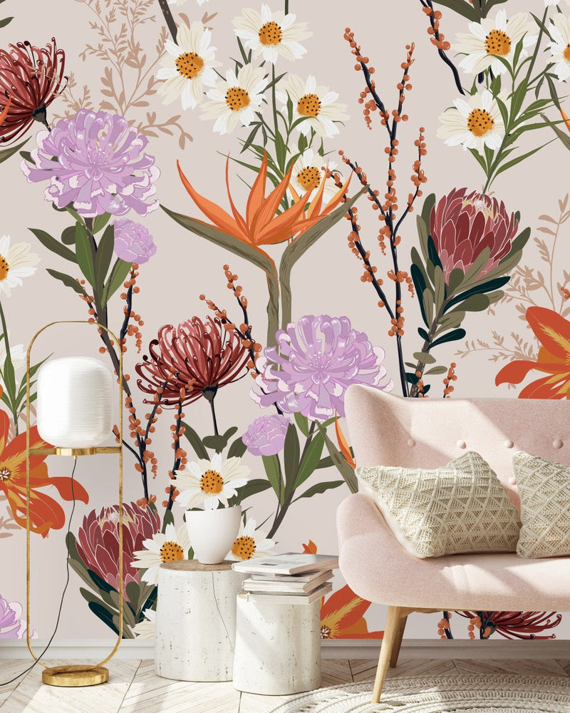 Pink Wallpaper with Exotic Flowers