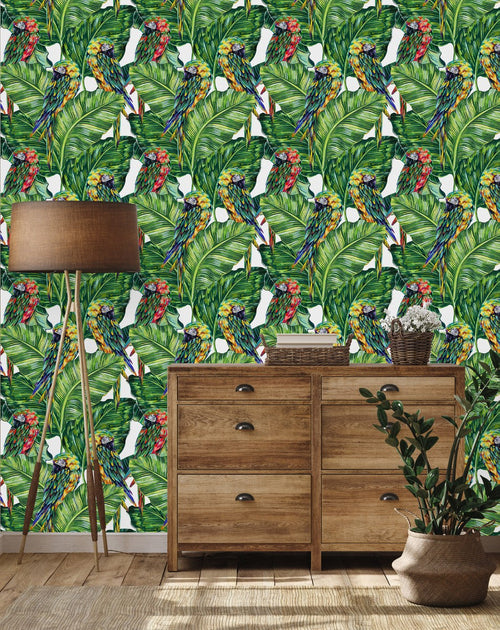 Palm Leaves with Parrots Wallpaper