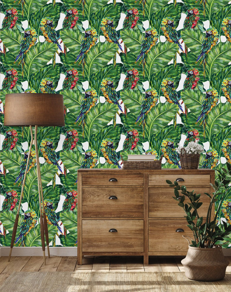 Palm Leaves with Parrots Wallpaper