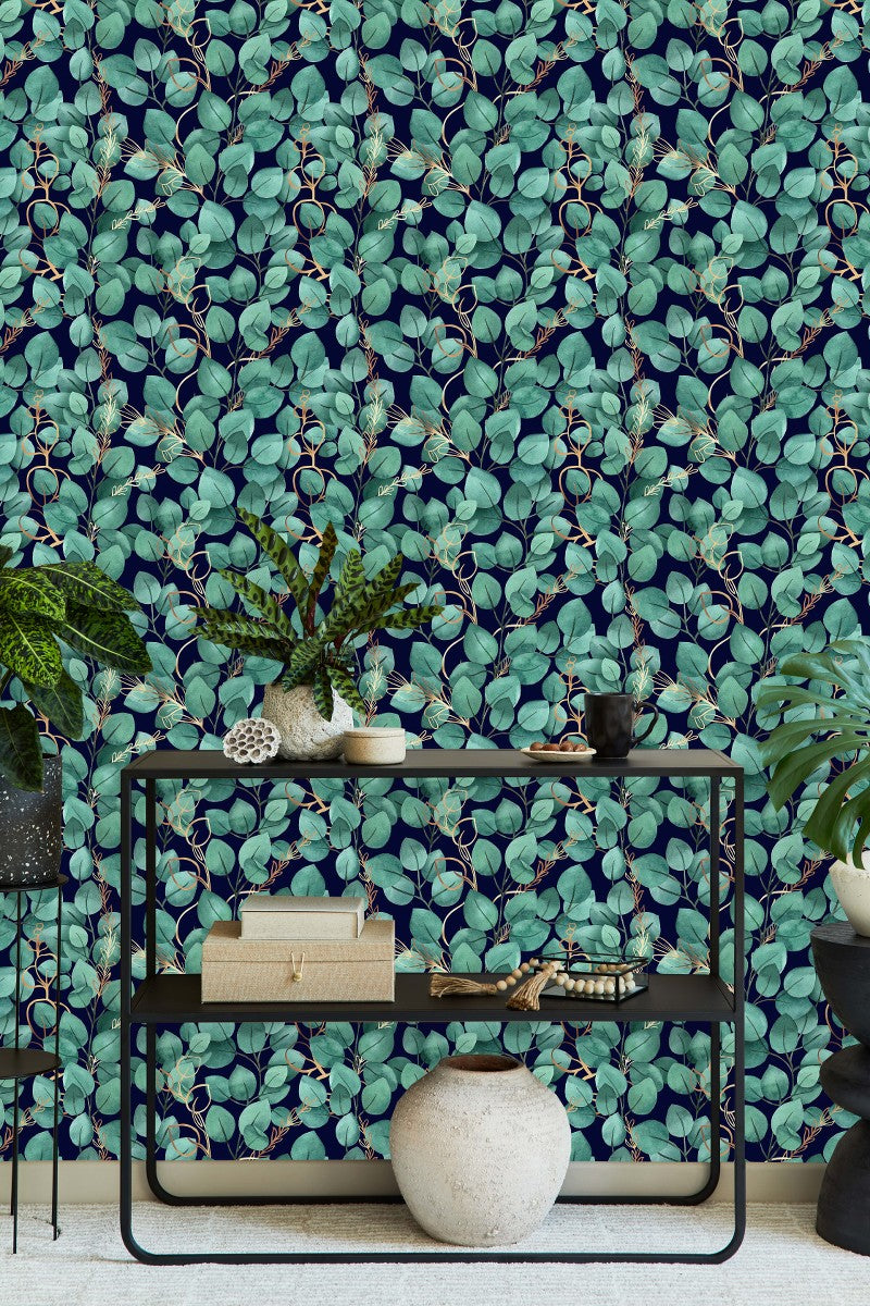 Voguish Dark Wallpaper with Green Leaves Smart