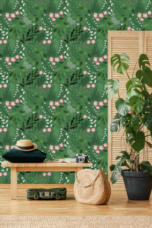 Voguish Green Wallpaper with Little Flowers Fashionable