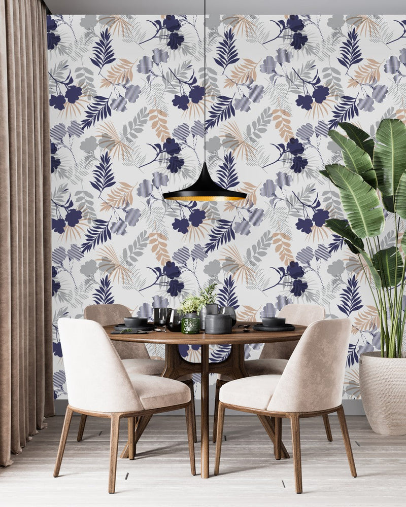 Contemporary Dark Blue Flowers Wallpaper